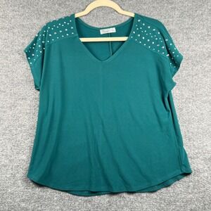 89th Madison Womens PL Forest Green Studded V-Neck Short Sleeve Top Grandma Chic
